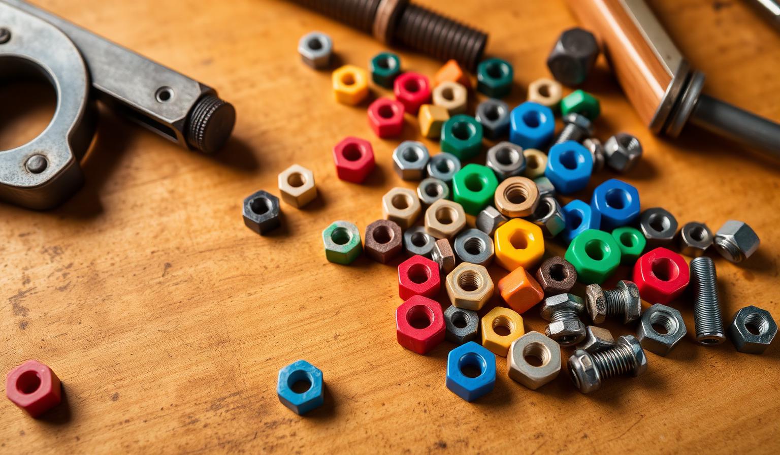 Kolorowe drewniane nakrętki i śrubki — Woodle nuts and bolts